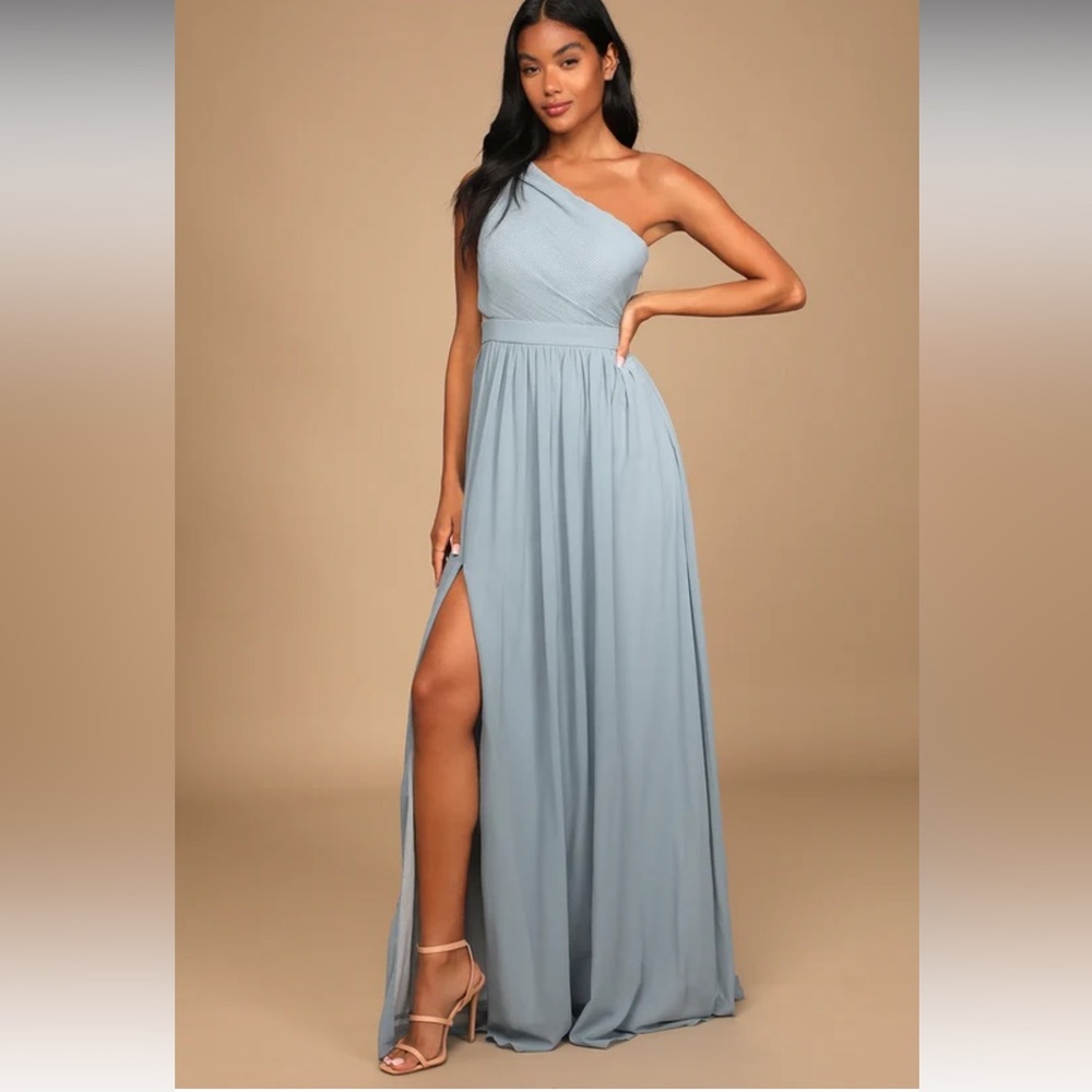 Lulus Lovely Endings Dusty Blue One-Shoulder Pleated Maxi Dress